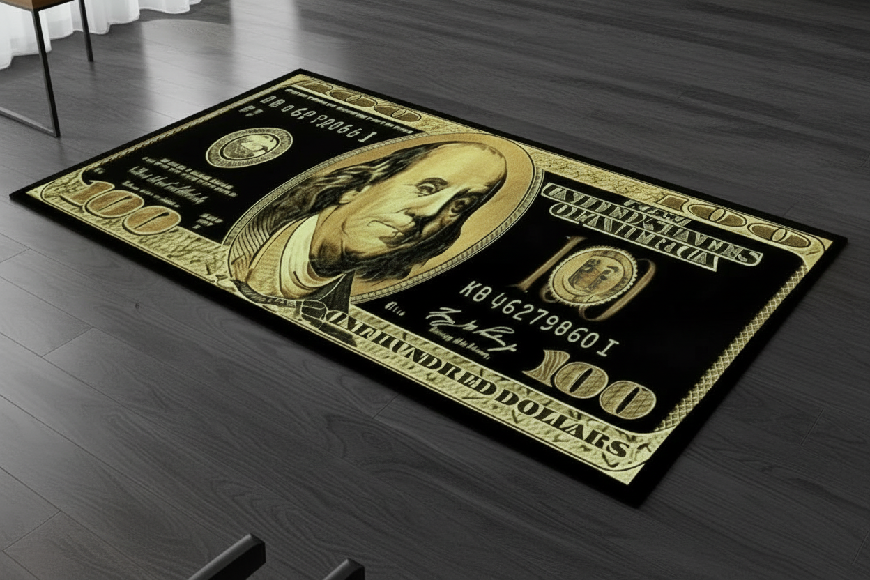 Money-themed rug with Benjamin Franklin design on a wooden floor