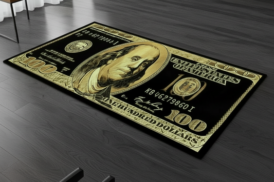 Money-themed rug with Benjamin Franklin design on a wooden floor