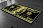 Money-themed rug with Benjamin Franklin design on a wooden floor