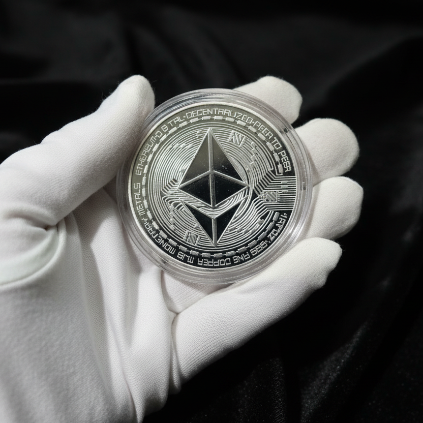 Hand holding a silver coin with a geometric design on a wooden surface