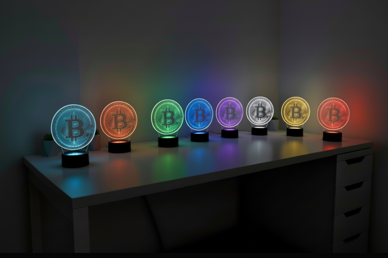 Row of colorful Bitcoin-themed night lights on a dark surface.