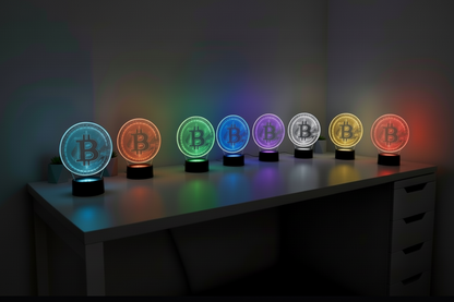Row of colorful Bitcoin-themed night lights on a dark surface.