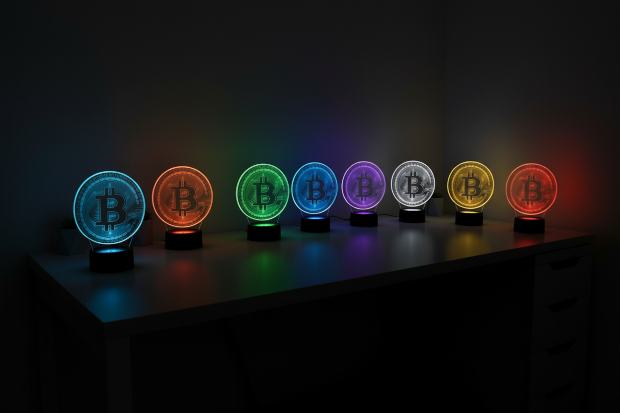 Set of Bitcoin-themed colorful LED lights on a dark background