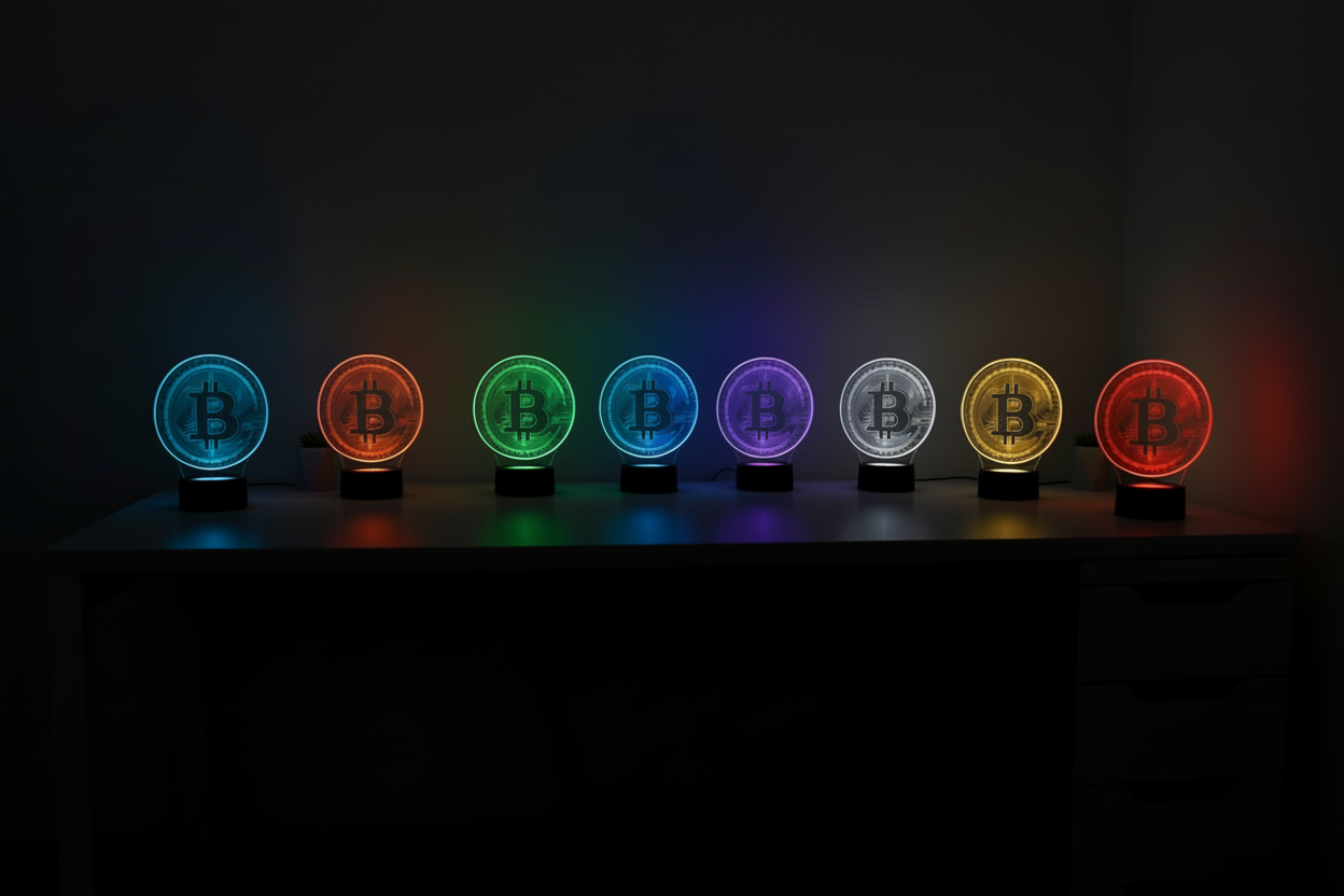 Seven Bitcoin symbol lights in different colors on a dark background