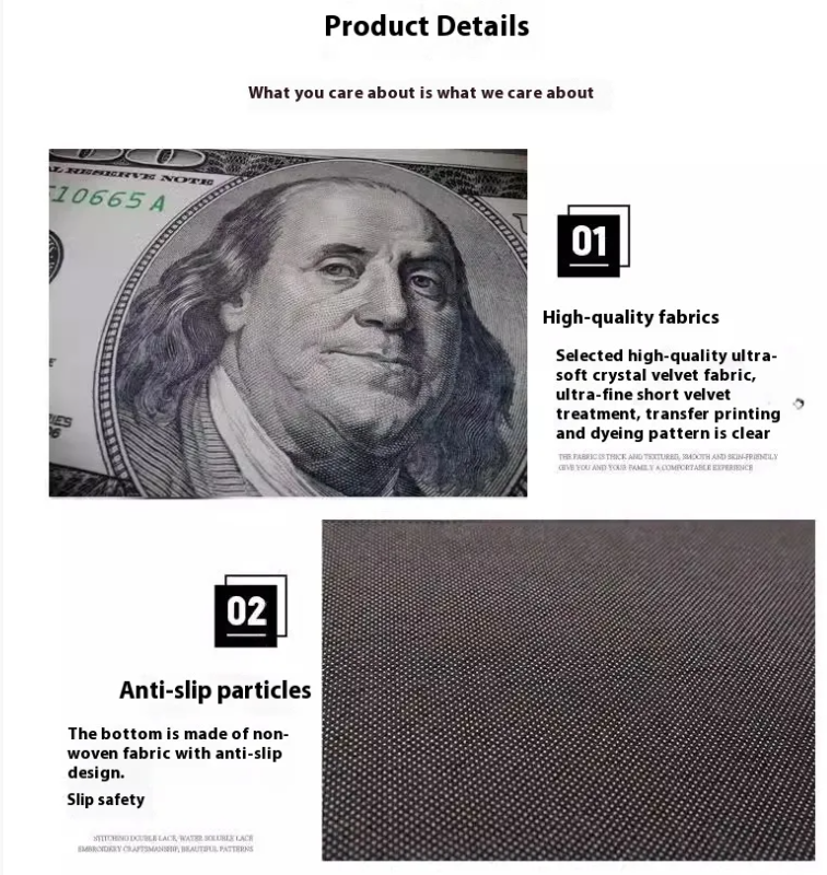 Product details with high-quality fabrics and anti-slip particles on a white background
