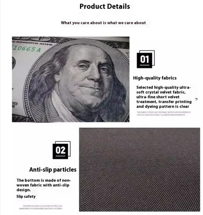 Product details with high-quality fabrics and anti-slip particles on a white background