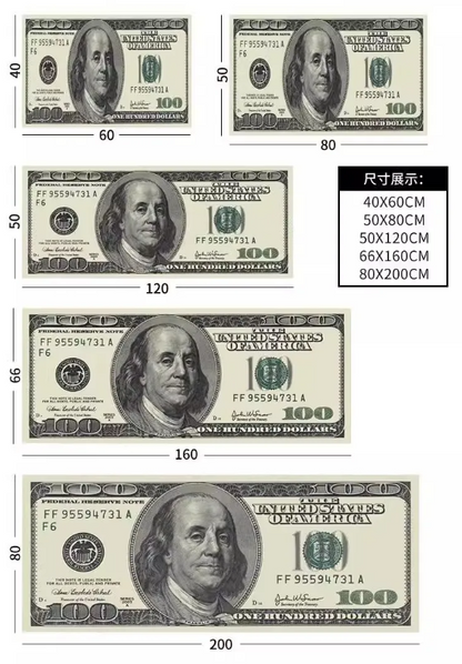 Illustrations of a $100 bill with dimensions displayed below.