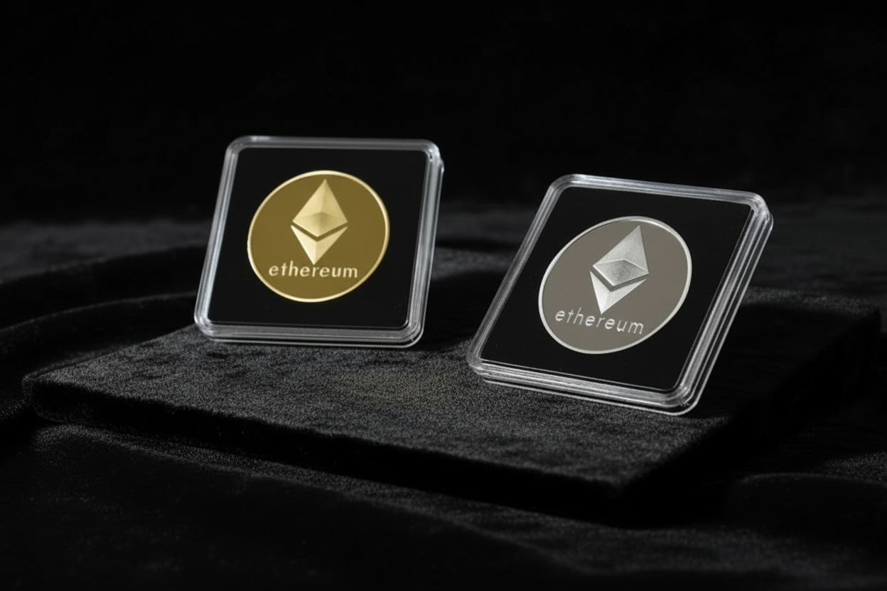 Two Ethereum logos, one gold and one silver, on black backgrounds with white frames.