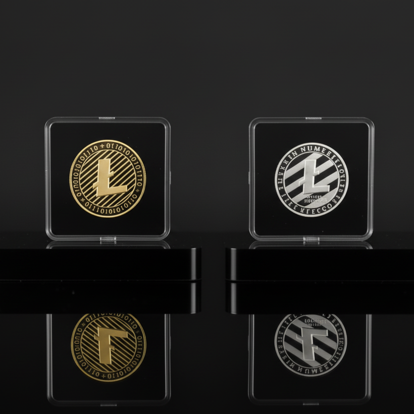 Two transparent cubes with a Litecoin (LTC) logo on a reflective black surface and background