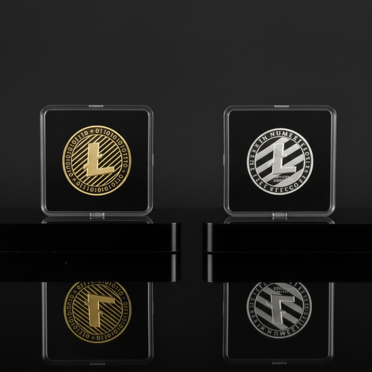 Two transparent cubes with a Litecoin (LTC) logo on a reflective black surface and background