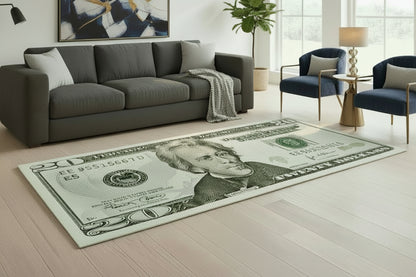 Living room with a dollar bill design rug on the floor