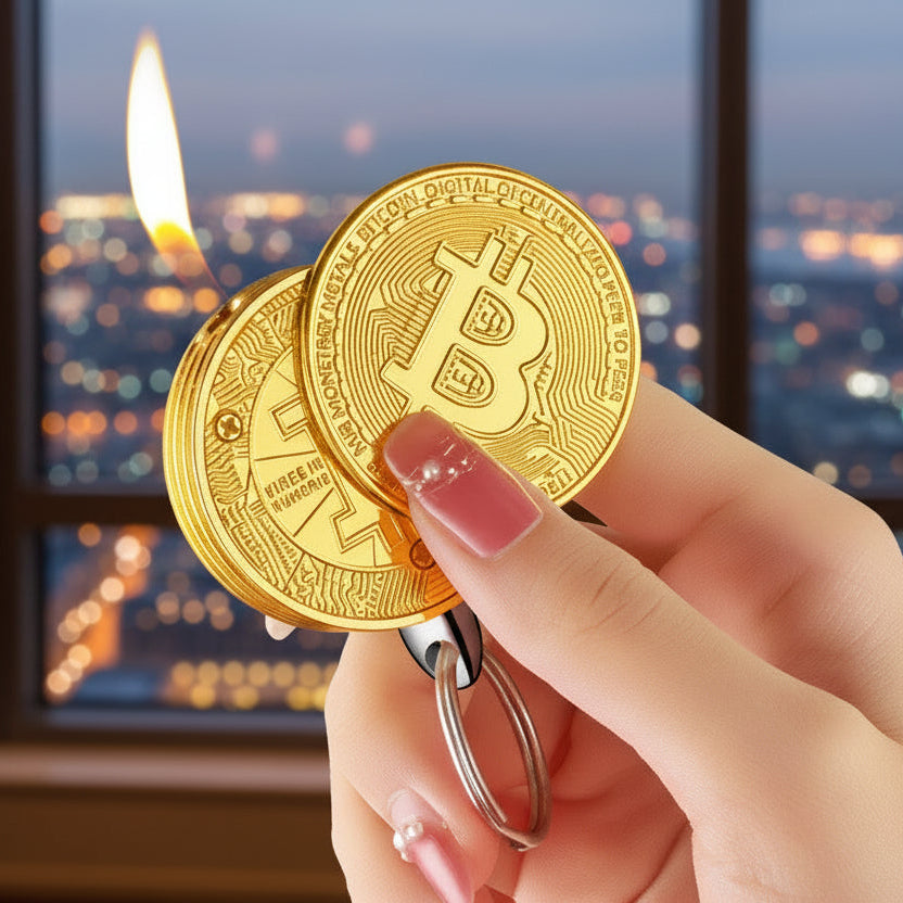 Gold Bitcoin-shaped lighter being lit with a flame 
