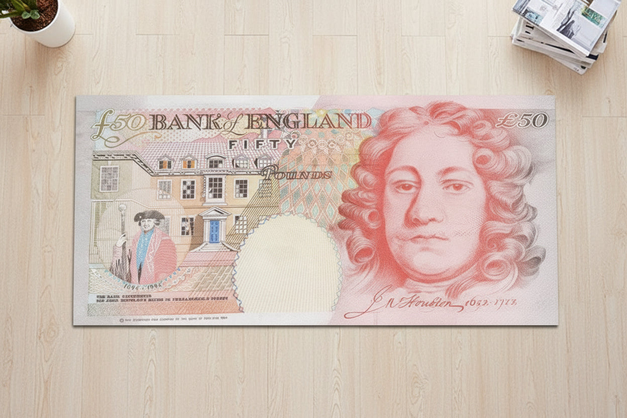 Fifty-pound Bank of England note on a wooden surface