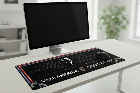Promotional graphic with 'Make America Great Again!' text and a silhouette of a head, set against a black background with American flag elements.