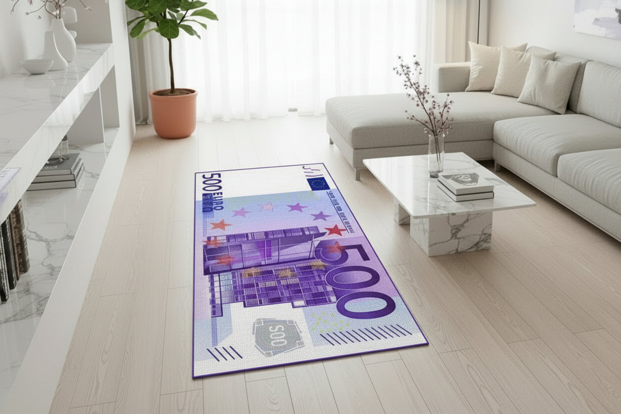 Living room with a decorative rug featuring a €500 banknote design.