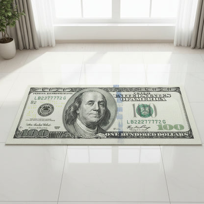 Doormat with a design of Benjamin Franklin on a $100 bill on a tiled floor.