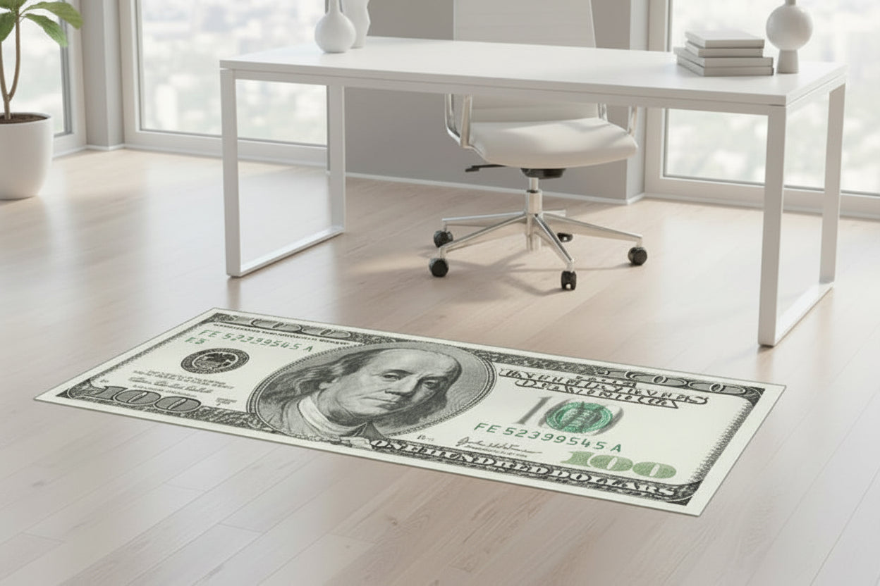 Money-themed rug resembling a $100 bill in a modern office