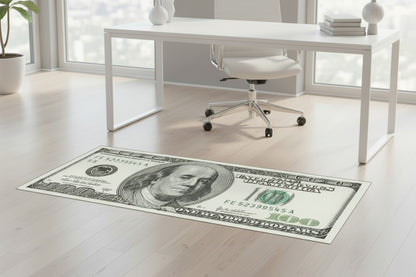 Money-themed rug resembling a $100 bill in a modern office