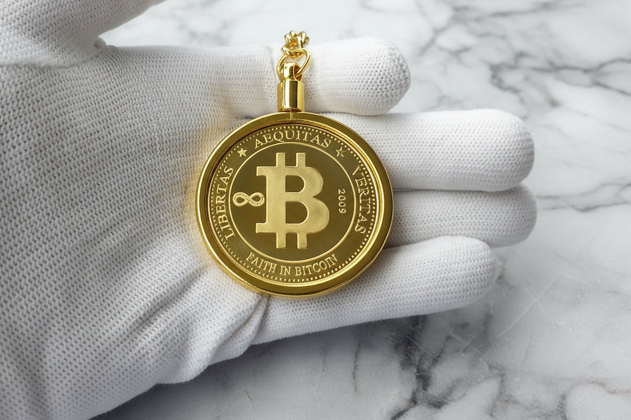 Gold Bitcoin pendant held by a gloved hand against a marble background