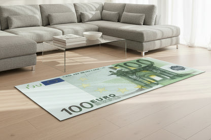 100 Euro banknote design rug on a wooden floor with decorative items.