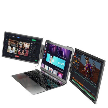 Three laptop screens displaying different applications on a white background