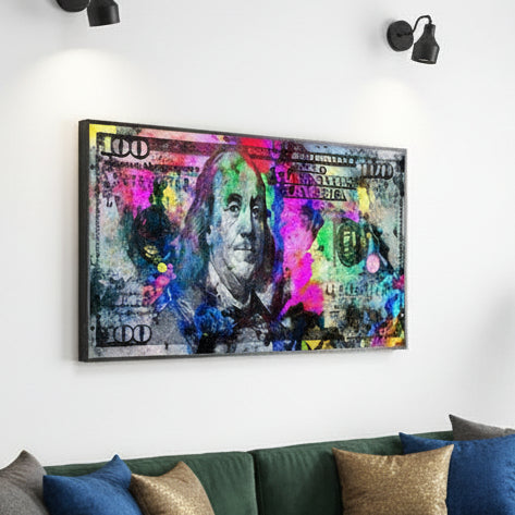 Colorful abstract painting of a dollar bill with Ben Franklin on a wall above a brown sofa.