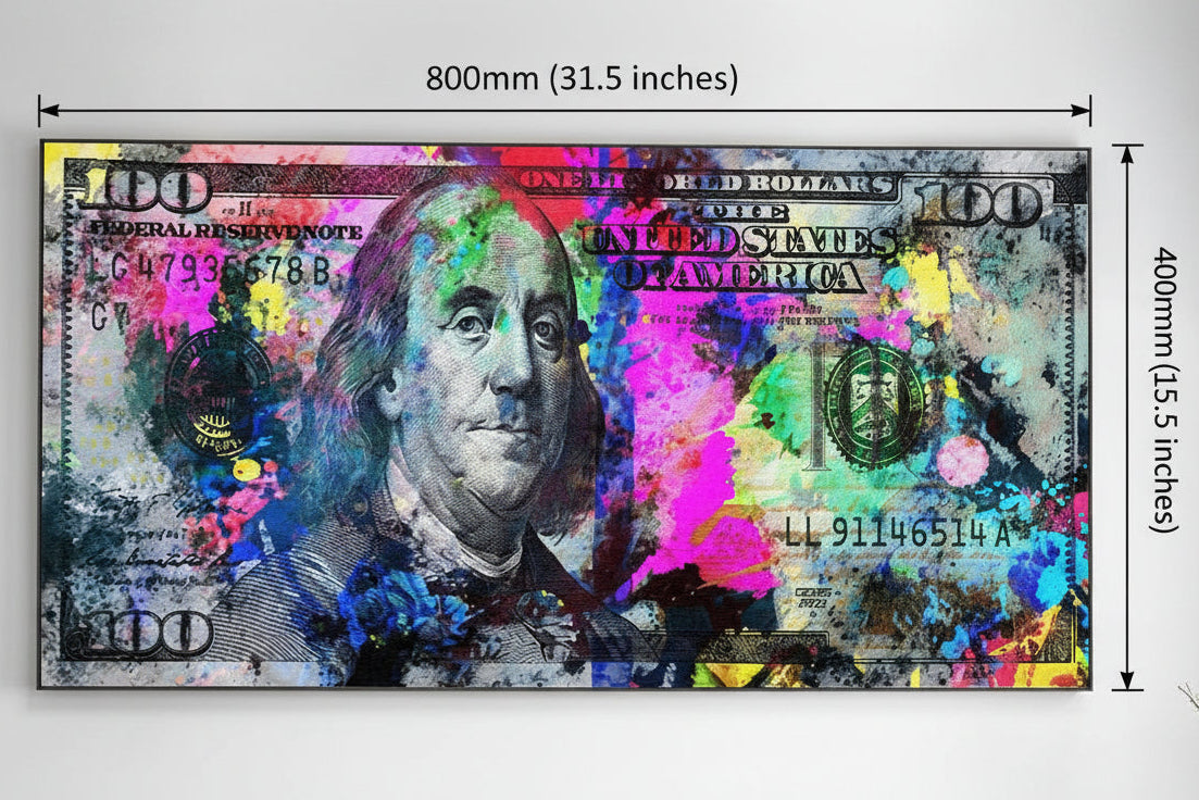 Colorful abstract painting of a dollar bill with Ben Franklin on a wall  