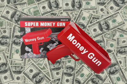 Red 'Money Gun' toy with packaging 