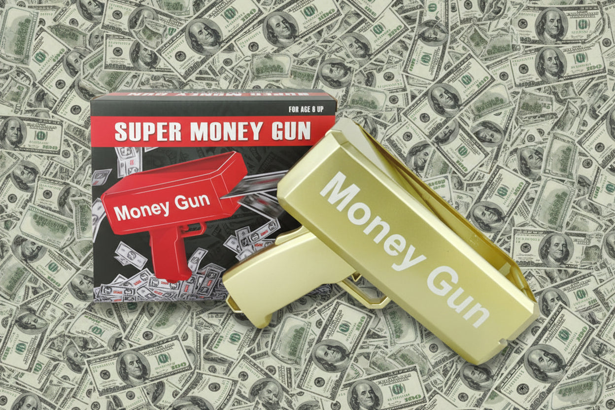 Gold 'Money Gun' toy with packaging 