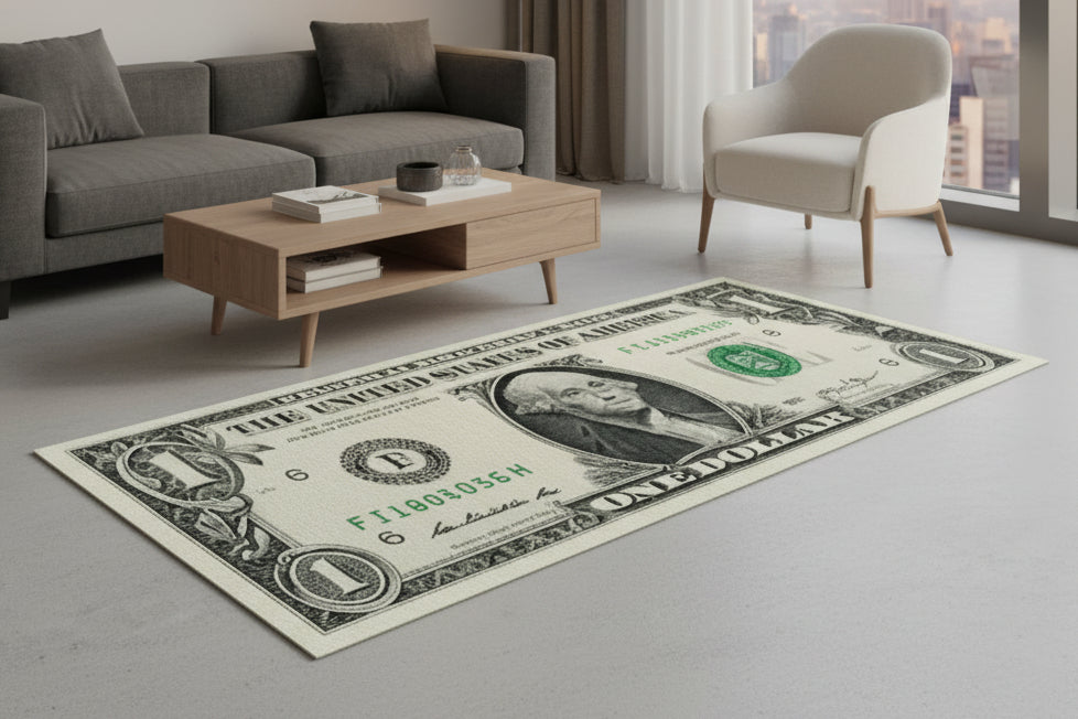 Living room with a dollar bill design rug