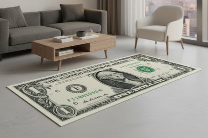 Living room with a dollar bill design rug